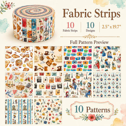 10pcs Camera Bread Jelly Roll Fabric Strips 2.5X19.7inch Pre-Cut 100% Polyester For Patchwork Quilts, Table Runners, Placemats, Tote Bags, Storage Pouches, Makeup Bags, Coasters, Quilt Blocks & Binding