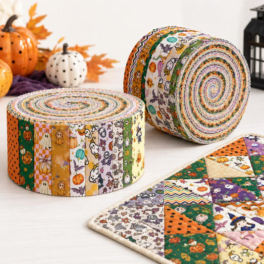10pcs Vintage Pumpkin Ghost Halloween Theme Jelly Roll Fabric Strips 2.5X19.7inch Pre-Cut 100% Cotton For Patchwork Quilts, Table Runners, Placemats, Tote Bags, Storage Pouches, Makeup Bags, Coasters, Quilt Blocks & Binding