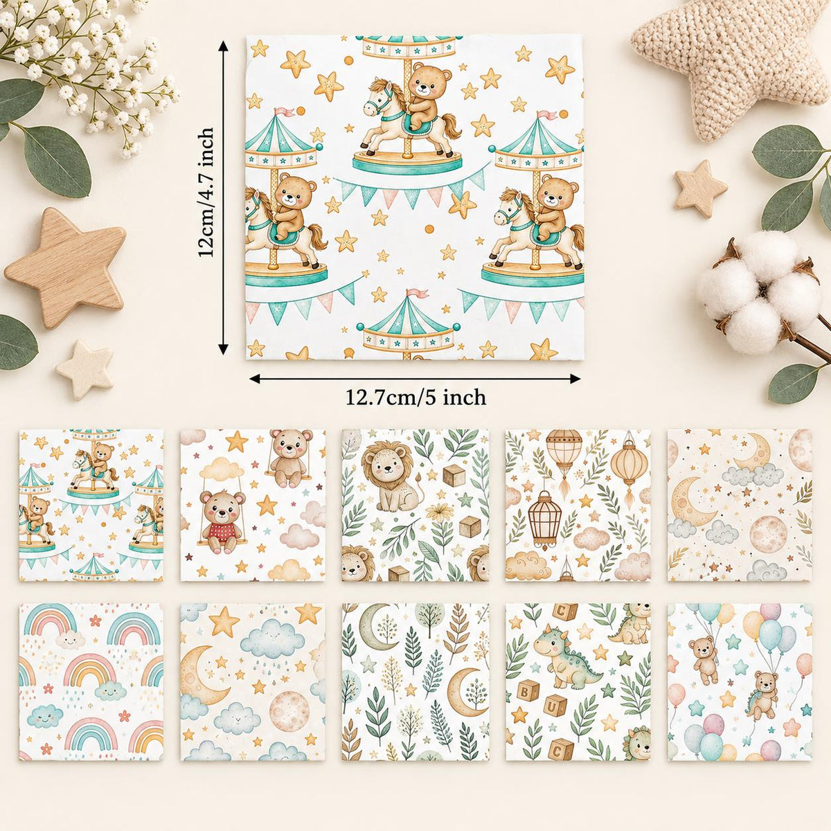 10Pc/Set Animal Series Dinosaurs Star Lions Bear Cloud Moon Fat Quarter Fabric, Pre-Cut Square Fabric Assort, Fabric Set, Craft Fabric, Handmade DIY Patchwork Fabric,Home Quilting Sewing Fabric, Packaging Fabric, Scrapbooking Craft Hobbyist
