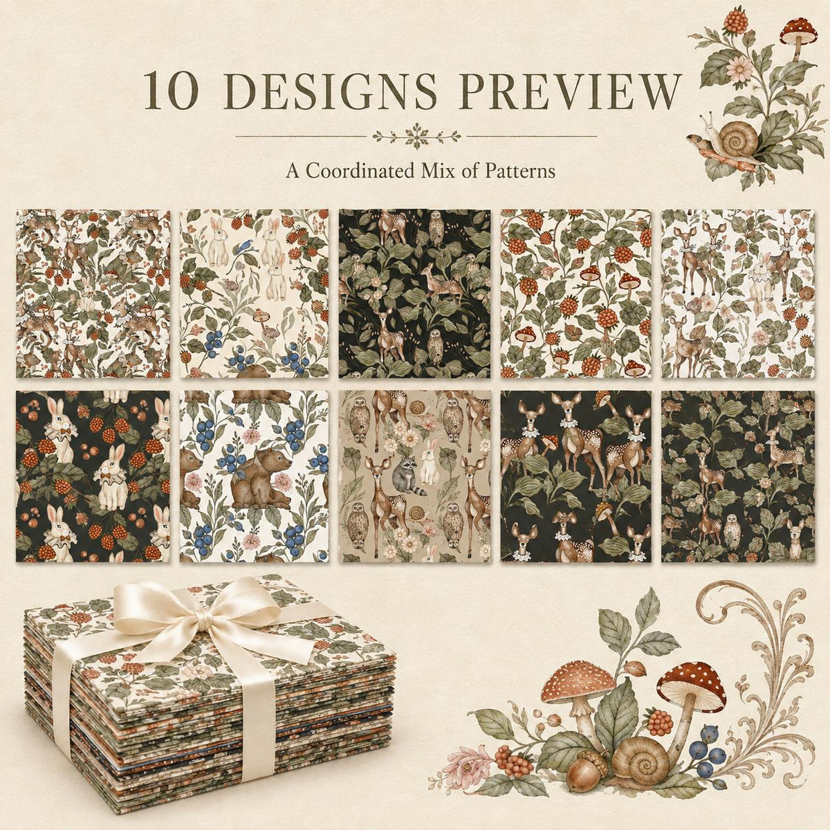 10pcs Charm Pack Set Deer Owl Animal Floral Pattern 100% Polyester Patchwork in 10 Design Styles, Ready-to-Sew Without Cutting, Suitable For Patchwork Wallet Making Gift Giving Tote Bags Coasters DIY Craft Projects Christmas Gift