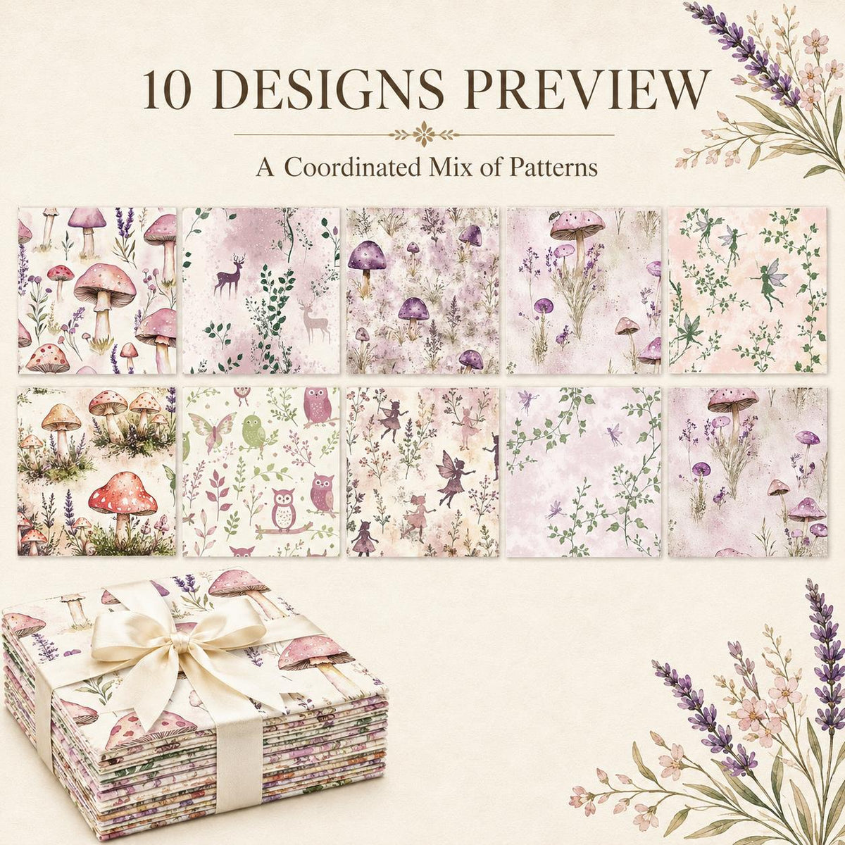 10pcs Charm Pack Set Mushroom Floral Deer Pattern Vintage Style Handmade DIY with Rich Color and Texture Elements 100% Polyester Patchwork in 10 Design Styles Suitable for Patchwork DIY Craft Projects DIY Wallet Making Gift Giving Bag Making Mother's Day