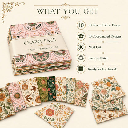 10pcs Charm Pack Set Floral Pattern 100% Polyester Patchwork in 10 Design Styles, Ready-to-Sew Without Cutting, Suitable For Patchwork Wallet Making Gift Giving Tote Bags Coasters DIY Craft Projects