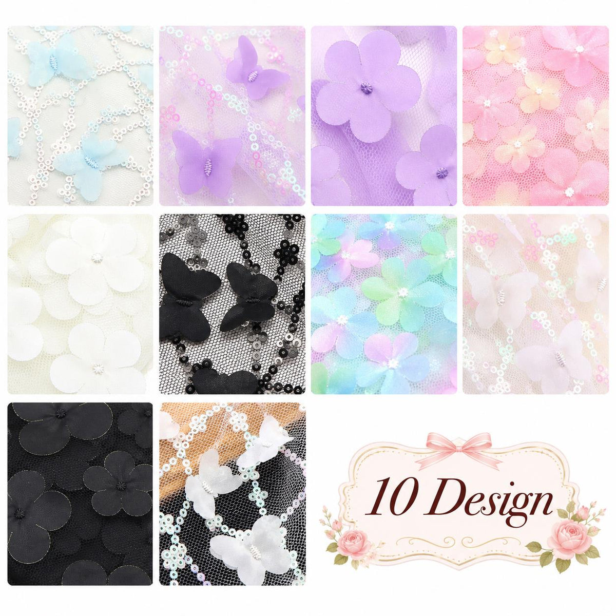10Pc/Set, Making 10 Images 1pc Each, Each Size: 6.3*50cm Floral Butterfly Mesh Gauze Lace Series Sliced Fabric Set Style Combination, Polyester Jelly Roll Fabric Strips, Pre-Cut Quilting Squares, For Quilting DIY, Handicrafts And Sewing, Blankets, Rugs, I