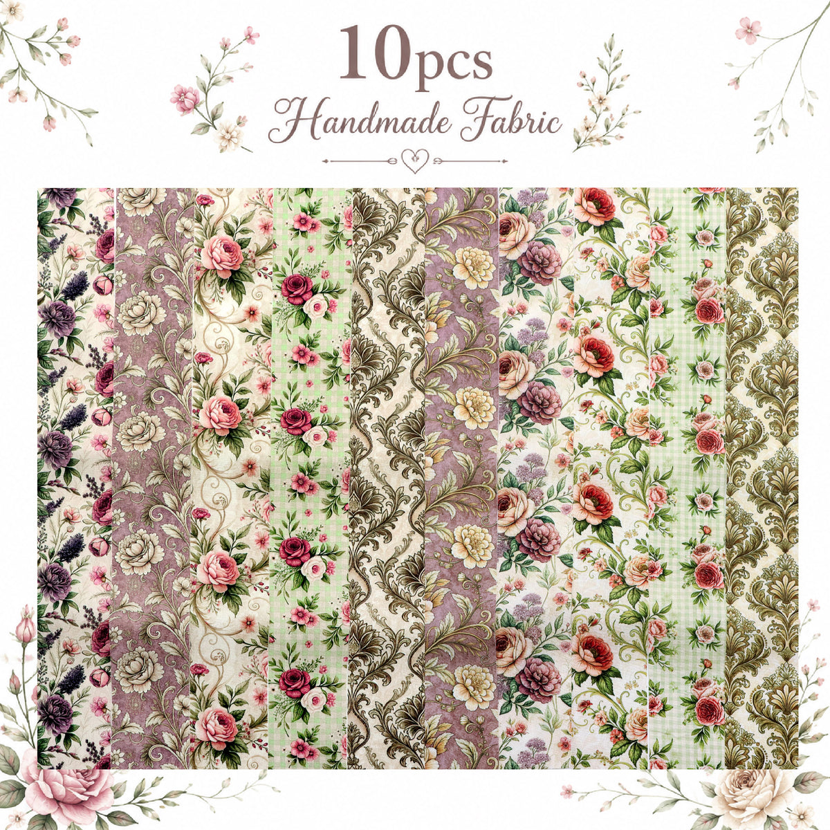 10pcs Vintage Floral Pattern Jelly Roll Fabric Strips 2.5X19.7inch Pre-Cut 100% Polyester For Patchwork Quilts, Table Runners, Placemats, Tote Bags, Storage Pouches, Makeup Bags, Coasters, Quilt Blocks & Binding