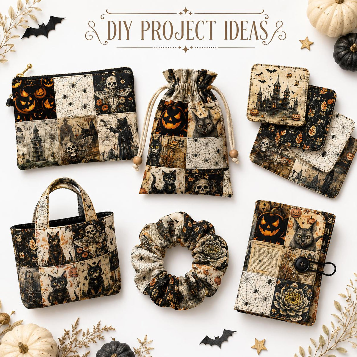 10Pc/Set Halloween Skull Cat Bat Spider Web Witch Pumpkin Series Fat Quarter Fabric, Pre-Cut Square Fabric Assort, Fabric Set, Craft Fabric, Handmade DIY Patchwork Fabric,Home Quilting Sewing Fabric, Packaging Fabric, Scrapbooking Craft Hobbyist