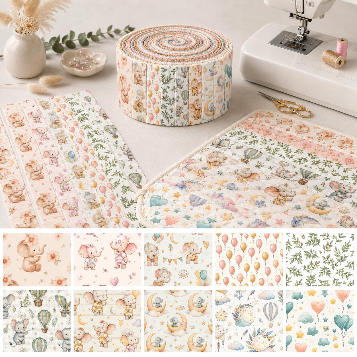 10pcs Vintage Elephant Pattern Jelly Roll Fabric Strips 2.5X19.7inch Pre-cut 100% Polyester for Patchwork Quilts, Table Runners, Placemats, Tote Bags, Storage Pouches, Makeup Bags, Coasters, Quilt Blocks & Binding