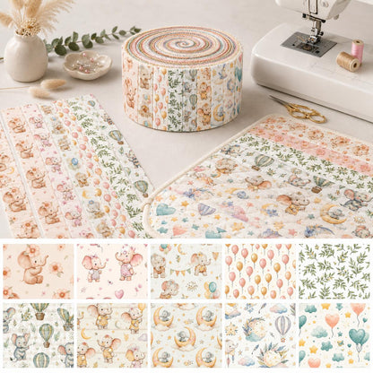 10pcs Vintage Elephant Pattern Jelly Roll Fabric Strips 2.5X19.7inch Pre-cut 100% Polyester for Patchwork Quilts, Table Runners, Placemats, Tote Bags, Storage Pouches, Makeup Bags, Coasters, Quilt Blocks & Binding