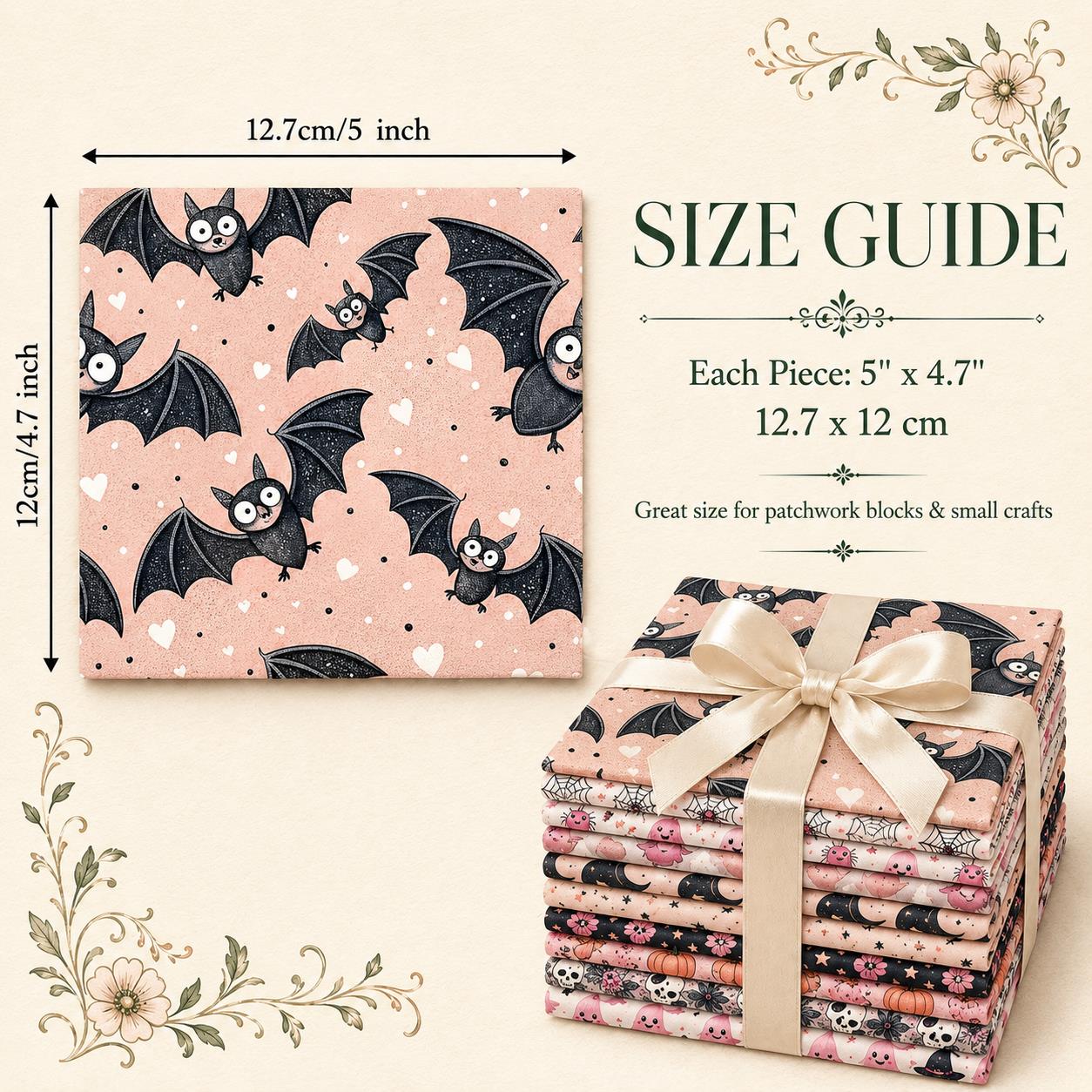 10pcs Charm Pack Set  Bat Ghost Skull Halloween Vintage Style Pattern Handmade DIY with Rich Color and Texture Elements 100% Polyester Patchwork in 10 Design Styles Suitable for Patchwork DIY Craft Projects DIY Wallet Making Gift Giving Bag Making