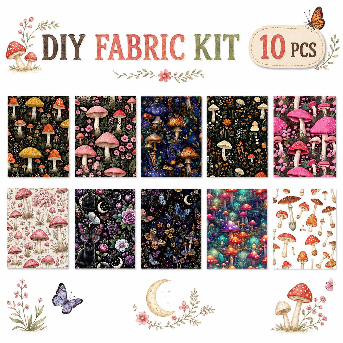 10Pc/Set Mushroom Series Flower Butterfly Cat Strawberry Moon Fat Quarter Fabric, Pre-Cut Square Fabric Assort, Fabric Set, Craft Fabric, Handmade DIY Patchwork Fabric,Home Quilting Sewing Fabric, Packaging Fabric, Scrapbooking Craft Hobbyist