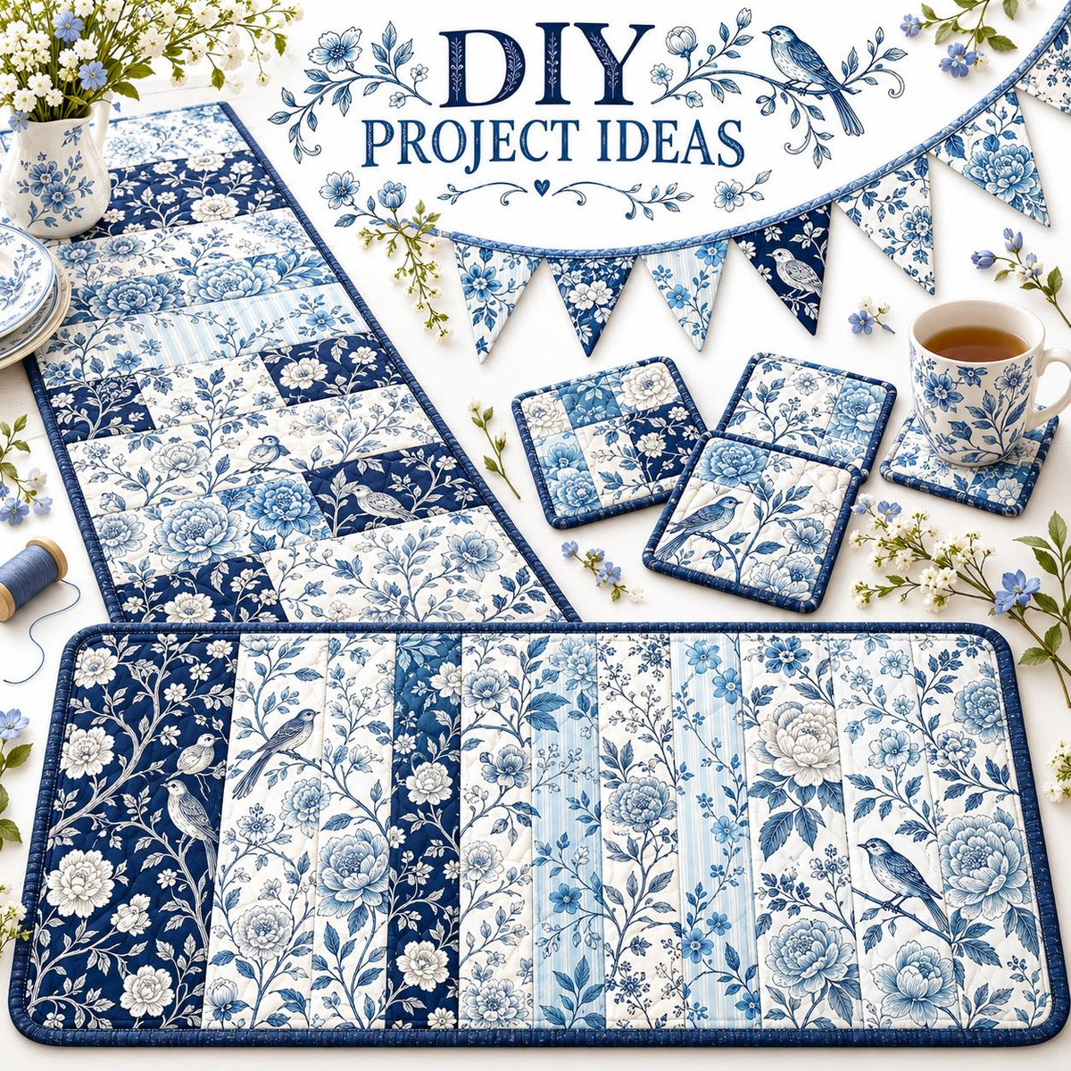 10pcs Vintage Blue Floral Pattern Jelly Roll Fabric Strips 2.5X19.7inch Pre-Cut 100% Polyester For Patchwork Quilts, Table Runners, Placemats, Tote Bags, Storage Pouches, Makeup Bags, Coasters, Quilt Blocks & Binding