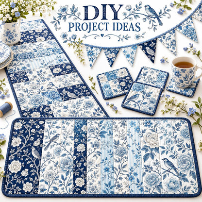 10pcs Vintage Blue Floral Pattern Jelly Roll Fabric Strips 2.5X19.7inch Pre-Cut 100% Polyester For Patchwork Quilts, Table Runners, Placemats, Tote Bags, Storage Pouches, Makeup Bags, Coasters, Quilt Blocks & Binding