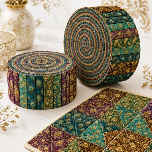 10pcs Vintage Geometric Peacock Feathers Cashew Pattern Jelly Roll Fabric Strips 2.5X19.7inch Pre-Cut 100% Polyester For Patchwork Quilts, Table Runners, Placemats, Tote Bags, Storage Pouches, Makeup Bags, Coasters, Quilt Blocks & Binding