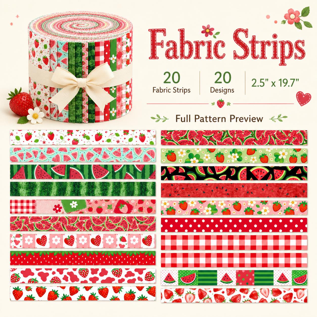 20pcs Vintage Strawberry Watermelon Fruit Pattern Blue Series Jelly Roll Sliced Fabric Strips 2.5X19.7inch Pre-Cut Floral Bow Knot Printed Multi-Color 100% Polyester For DIY Handmade Patchwork, Table Runners, Placemats, Tote Bags, Storage Pouches