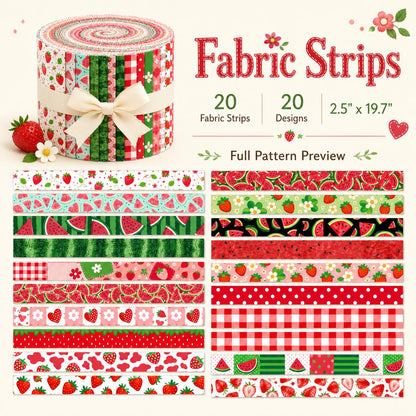20pcs Vintage Strawberry Watermelon Fruit Pattern Blue Series Jelly Roll Sliced Fabric Strips 2.5X19.7inch Pre-Cut Floral Bow Knot Printed Multi-Color 100% Polyester For DIY Handmade Patchwork, Table Runners, Placemats, Tote Bags, Storage Pouches