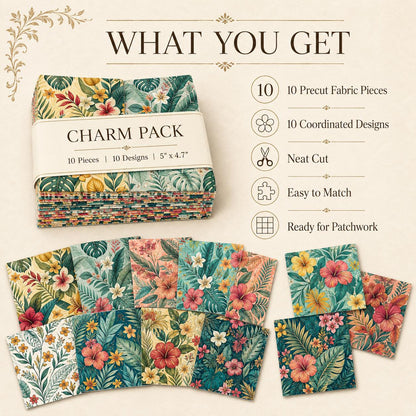 10pcs Charm Pack Set Floral Pattern Vintage Style Handmade DIY with Rich Color and Texture Elements 100% Polyester Patchwork in 10 Design Styles Suitable for Patchwork DIY Craft Projects DIY Wallet Making Gift Giving Bag Making Mother's Day Gift