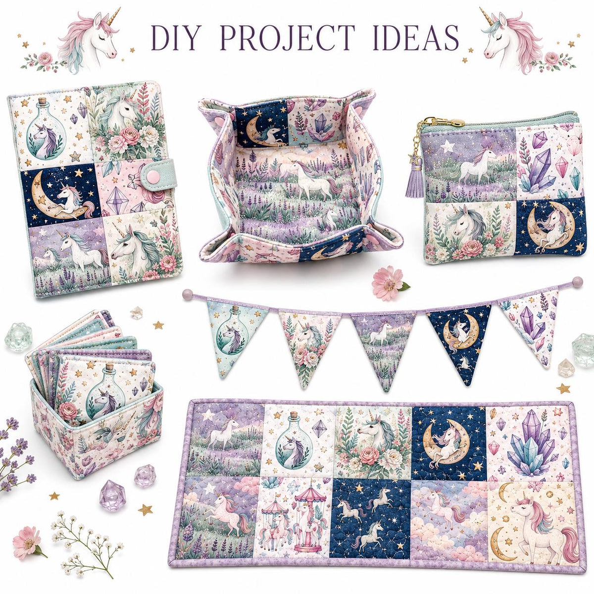 10Pc/Set Unicorn Series Flower Moon Lavender Fat Quarter Fabric, Pre-Cut Square Fabric Assort, Fabric Set, Craft Fabric, Handmade DIY Patchwork Fabric,Home Quilting Sewing Fabric, Packaging Fabric, Scrapbooking Craft Hobbyist