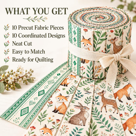 10pcs Vintage Fox Deer Rabbit Pattern Jelly Roll Fabric Strips 2.5X19.7inch Pre-Cut 100% Polyester For Patchwork Quilts, Table Runners, Placemats, Tote Bags, Storage Pouches, Makeup Bags, Coasters, Quilt Blocks & Binding