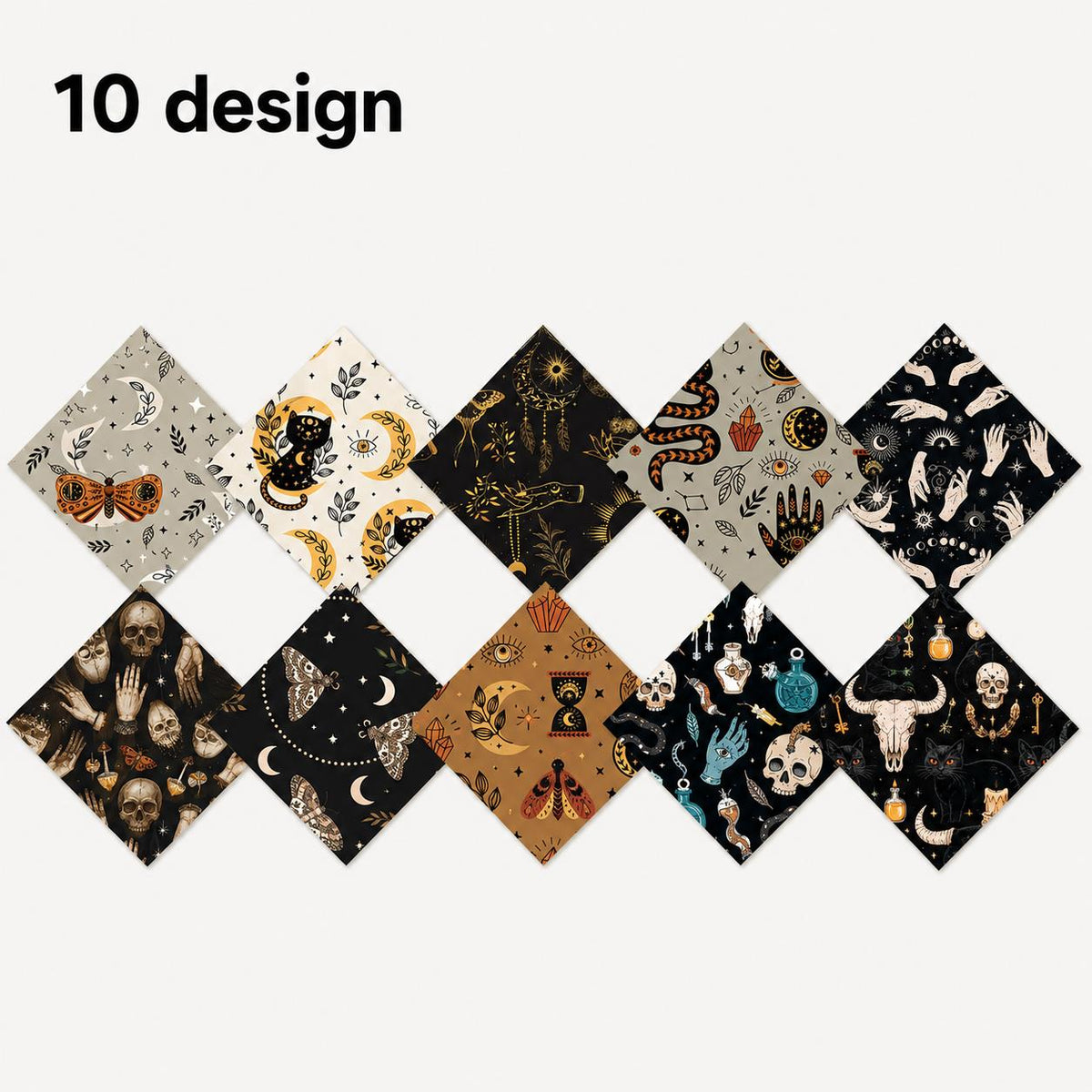 10pcs Charm Pack Set Cat Hand Skull Vintage Style Pattern Handmade DIY with Rich Color and Texture Elements 100% Polyester Patchwork in 10 Design Styles Suitable for Patchwork DIY Craft Projects DIY Wallet Making Gift Giving Bag Making Mother's Day Gift