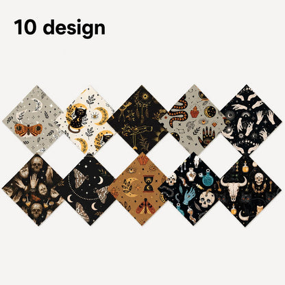 10pcs Charm Pack Set Cat Hand Skull Vintage Style Pattern Handmade DIY with Rich Color and Texture Elements 100% Polyester Patchwork in 10 Design Styles Suitable for Patchwork DIY Craft Projects DIY Wallet Making Gift Giving Bag Making Mother's Day Gift