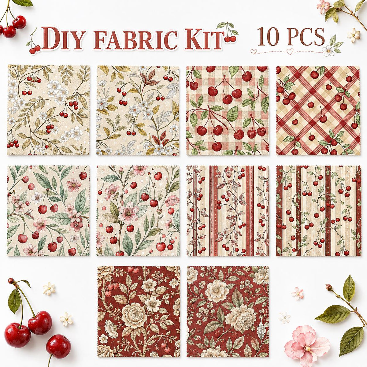10Pc/Set Cherry Series Flower Stripe Plaid Fat Quarter Fabric, Pre-Cut Square Fabric Assort, Fabric Set, Craft Fabric, Handmade DIY Patchwork Fabric,Home Quilting Sewing Fabric, Packaging Fabric, Scrapbooking Craft Hobbyist