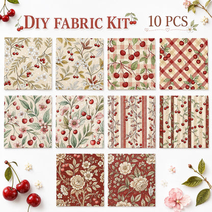 10Pc/Set Cherry Series Flower Stripe Plaid Fat Quarter Fabric, Pre-Cut Square Fabric Assort, Fabric Set, Craft Fabric, Handmade DIY Patchwork Fabric,Home Quilting Sewing Fabric, Packaging Fabric, Scrapbooking Craft Hobbyist