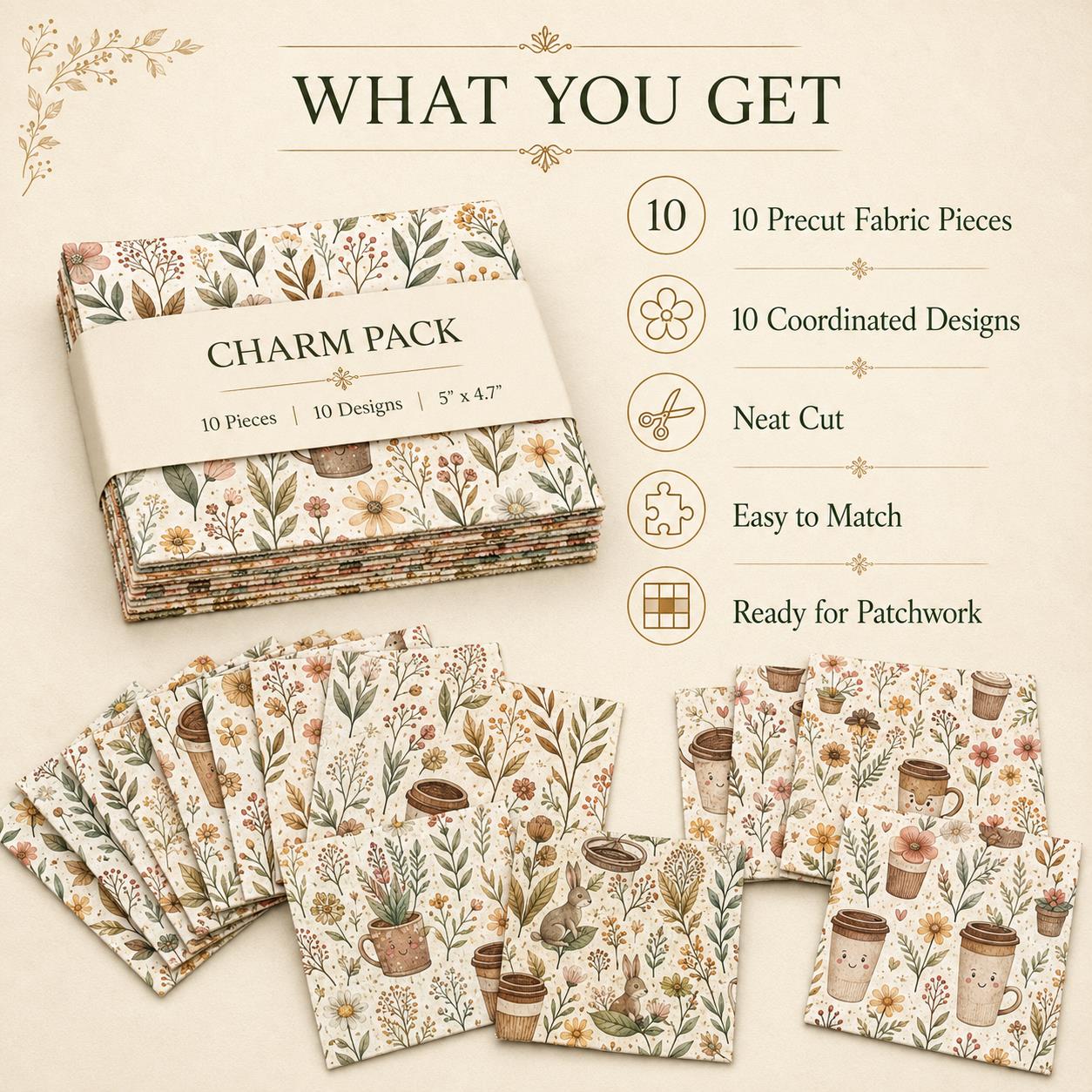 10Pc/Set Flower Series Rabbit Coffee Fat Quarter Fabric, Pre-Cut Square Fabric Assort, Fabric Set, Craft Fabric, Handmade DIY Patchwork Fabric,Home Quilting Sewing Fabric, Packaging Fabric, Scrapbooking Craft Hobbyist