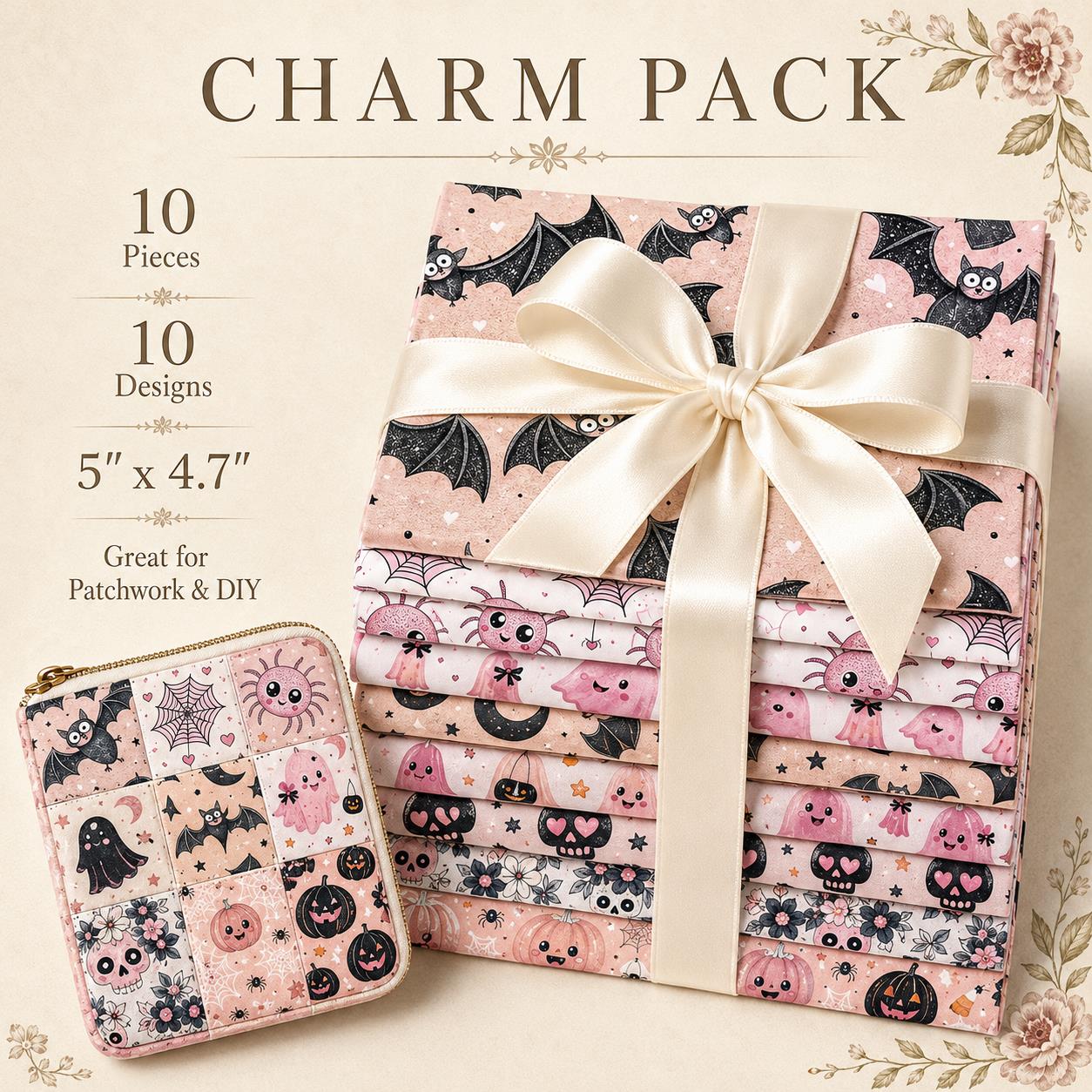 10pcs Charm Pack Set  Bat Ghost Skull Halloween Vintage Style Pattern Handmade DIY with Rich Color and Texture Elements 100% Polyester Patchwork in 10 Design Styles Suitable for Patchwork DIY Craft Projects DIY Wallet Making Gift Giving Bag Making