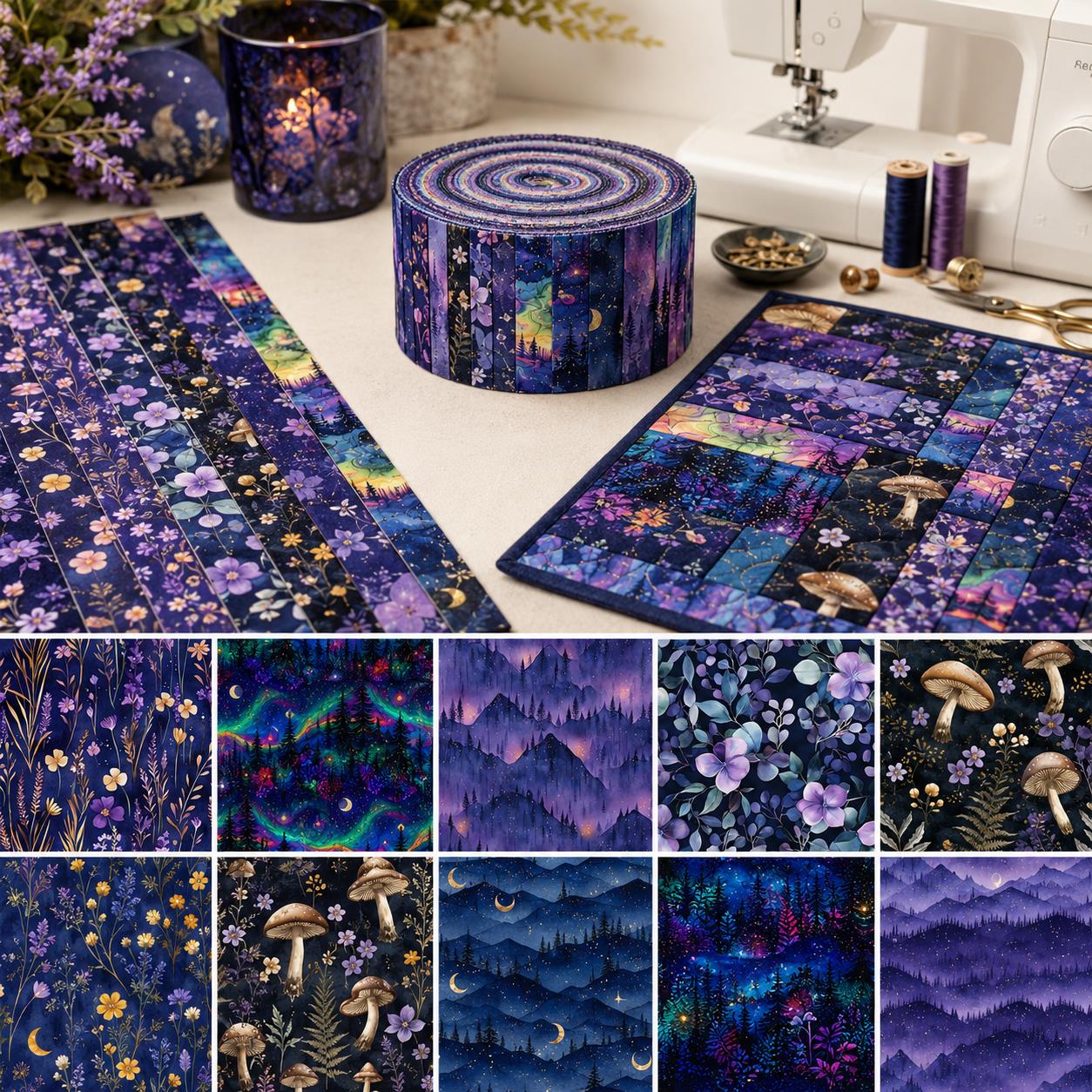 10pcs Vintage Mushroom Mountain Dark Pattern Jelly Roll Fabric Strips 2.5X19.7inch Pre-cut 100% Polyester for Patchwork Quilts, Table Runners, Placemats, Tote Bags, Storage Pouches, Makeup Bags, Coasters, Quilt Blocks & Binding