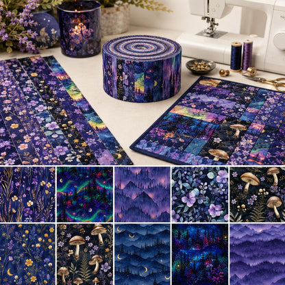10pcs Vintage Mushroom Mountain Dark Pattern Jelly Roll Fabric Strips 2.5X19.7inch Pre-cut 100% Polyester for Patchwork Quilts, Table Runners, Placemats, Tote Bags, Storage Pouches, Makeup Bags, Coasters, Quilt Blocks & Binding