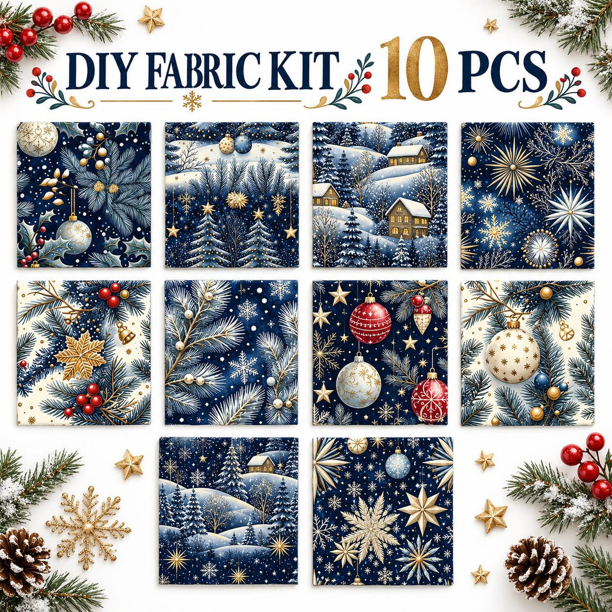 10Pc/Set Christmas Series Star Tree Holly House Fat Quarter Fabric, Pre-Cut Square Fabric Assort, Fabric Set, Craft Fabric, Handmade DIY Patchwork Fabric,Home Quilting Sewing Fabric, Packaging Fabric, Scrapbooking Craft Hobbyist