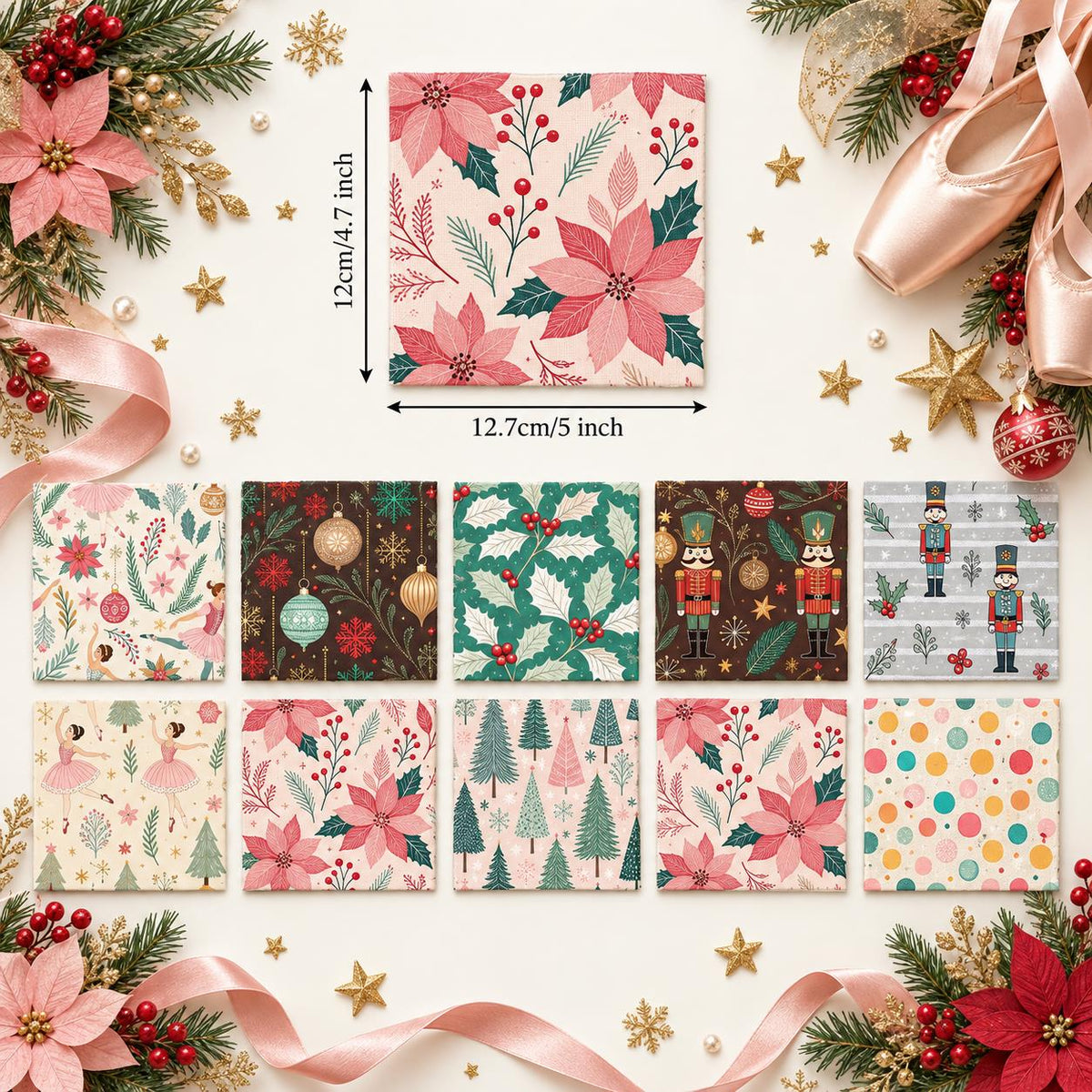 10Pc/Set Christmas Series Flower Ballet Tree Holly Fat Quarter Fabric, Pre-Cut Square Fabric Assort, Fabric Set, Craft Fabric, Handmade DIY Patchwork Fabric,Home Quilting Sewing Fabric, Packaging Fabric, Scrapbooking Craft Hobbyist