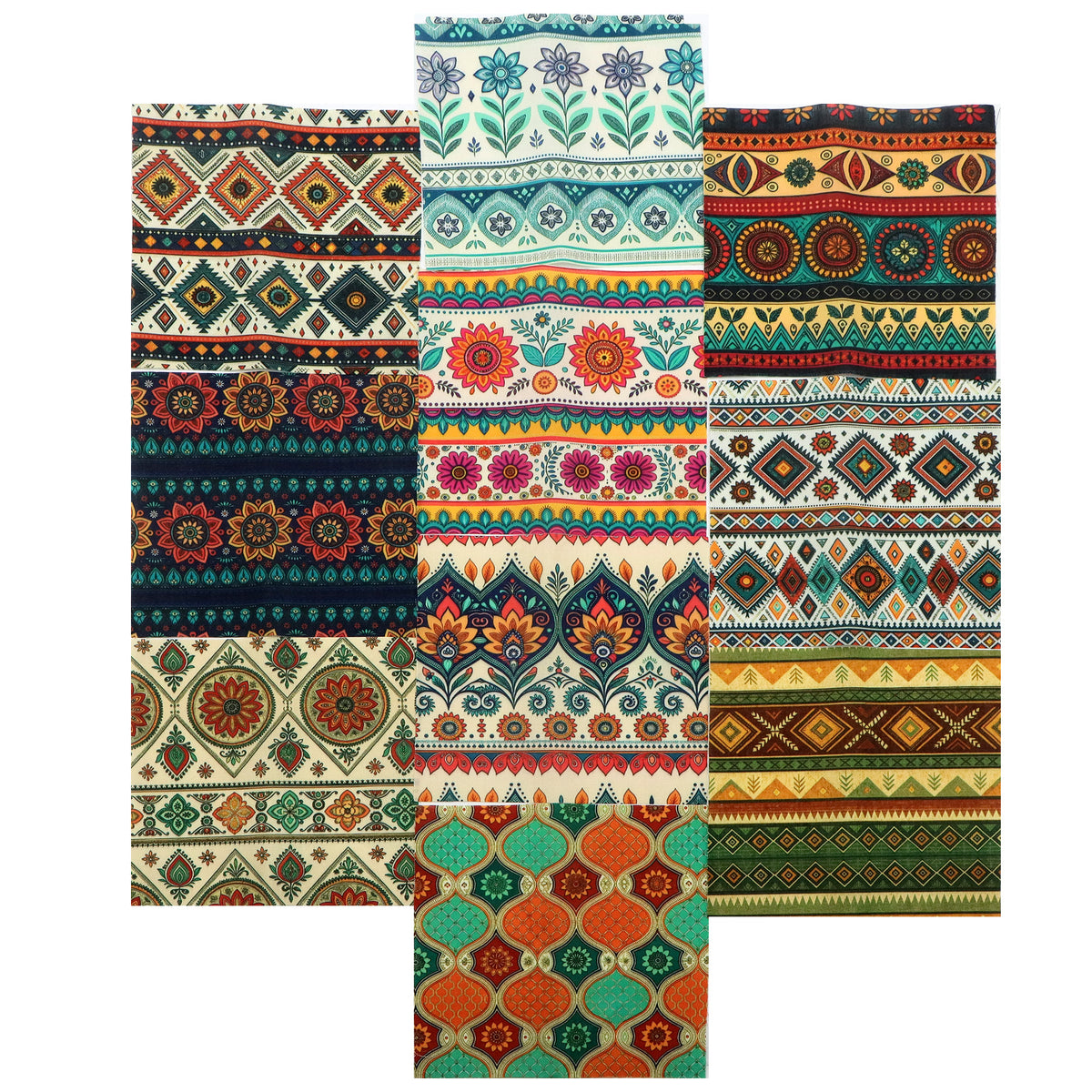 10Pc/Set Flower Stripe Geometric Patterns Ethnic Style Series Fat Quarter Fabric, Pre-Cut Square Fabric Assort, Fabric Set, Craft Fabric, Handmade DIY Patchwork Fabric,Home Quilting Sewing Fabric, Packaging Fabric, Scrapbooking Craft Hobbyist