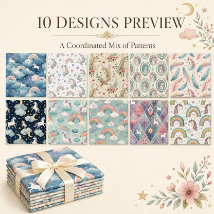 10Pc/Set Unicorn Series Flower Star Moon Umbrella Cloud Fat Quarter Fabric, Pre-Cut Square Fabric Assort, Fabric Set, Craft Fabric, Handmade DIY Patchwork Fabric,Home Quilting Sewing Fabric, Packaging Fabric, Scrapbooking Craft Hobbyist