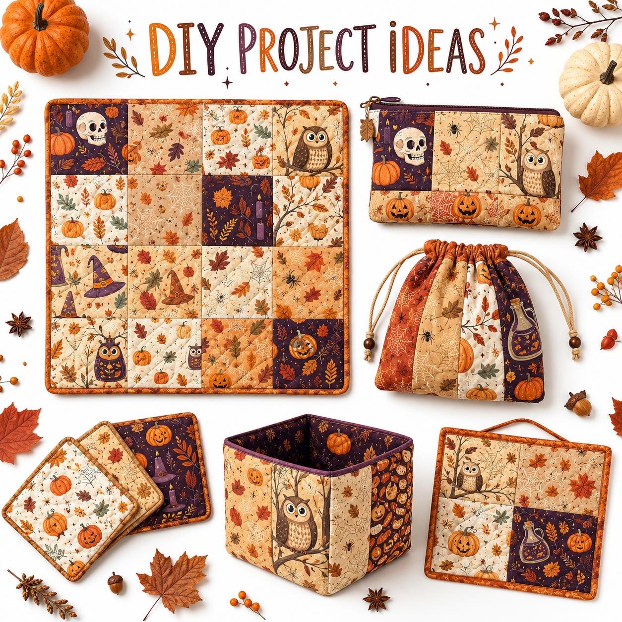 10Pc/Set Halloween Autumn Series Owl Skull Pumpkin Cake Candy Bat Fat Quarter Fabric, Pre-Cut Square Fabric Assort, Fabric Set, Craft Fabric, Handmade DIY Patchwork Fabric,Home Quilting Sewing Fabric, Packaging Fabric, Scrapbooking Craft Hobbyist