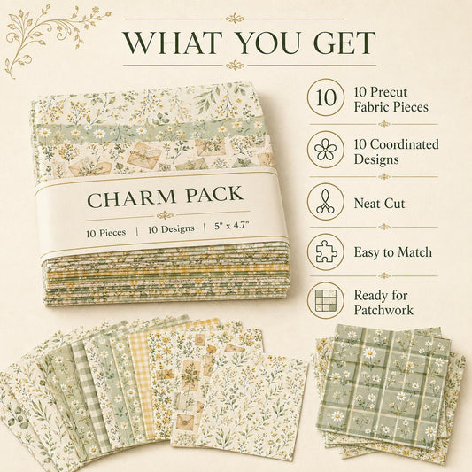 10pcs Charm Pack Set Green Floral Pattern 100% Polyester Patchwork in 10 Design Styles, Ready-to-Sew Without Cutting, Suitable For Patchwork Wallet Making Gift Giving Tote Bags Coasters DIY Craft Projects