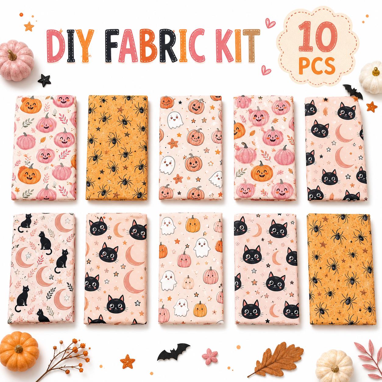 10Pc/Set Halloween Series Star Skull Pumpkin Cat Moon Fat Quarter Fabric, Pre-Cut Square Fabric Assort, Fabric Set, Craft Fabric, Handmade DIY Patchwork Fabric,Home Quilting Sewing Fabric, Packaging Fabric, Scrapbooking Craft Hobbyist