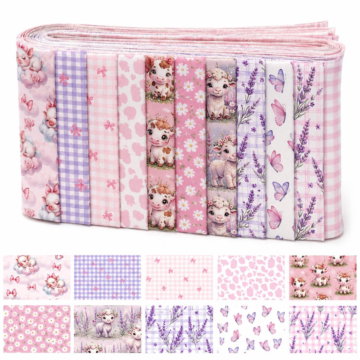 10pcs Vintage Lavender Cow Butterfly Pattern Jelly Roll Fabric Strips 2.5X19.7inch Pre-Cut 100% Polyester For Patchwork Quilts, Table Runners, Placemats, Tote Bags, Storage Pouches, Makeup Bags, Coasters, Quilt Blocks & Binding Multi-Color