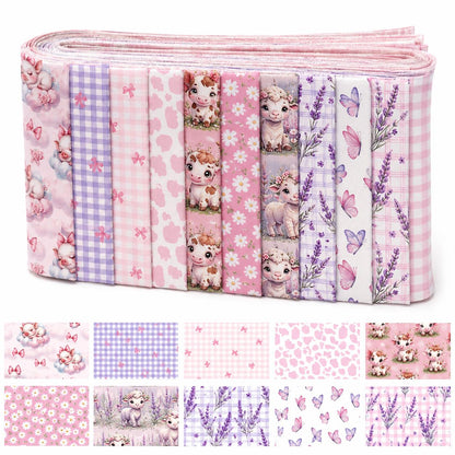 10pcs Vintage Lavender Cow Butterfly Pattern Jelly Roll Fabric Strips 2.5X19.7inch Pre-Cut 100% Polyester For Patchwork Quilts, Table Runners, Placemats, Tote Bags, Storage Pouches, Makeup Bags, Coasters, Quilt Blocks & Binding Multi-Color