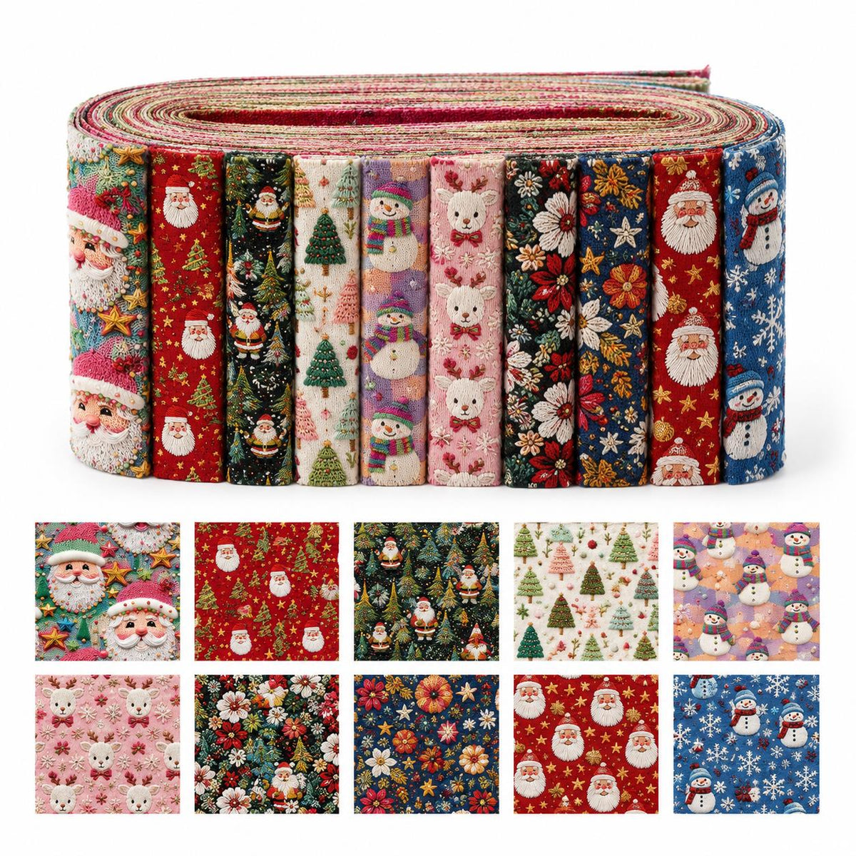 10pcs Vintage 2D Flat Christmas Santa Snowman Jelly Roll Fabric Strips 2.5X19.7inch Pre-cut 100% Polyester for Patchwork Quilts, Table Runners, Placemats, Tote Bags, Storage Pouches, Makeup Bags, Coasters, Quilt Blocks & Binding Multi-color