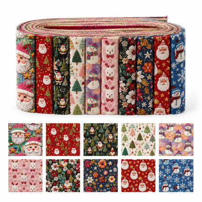 10pcs Vintage 2D Flat Christmas Santa Snowman Jelly Roll Fabric Strips 2.5X19.7inch Pre-cut 100% Polyester for Patchwork Quilts, Table Runners, Placemats, Tote Bags, Storage Pouches, Makeup Bags, Coasters, Quilt Blocks & Binding Multi-color