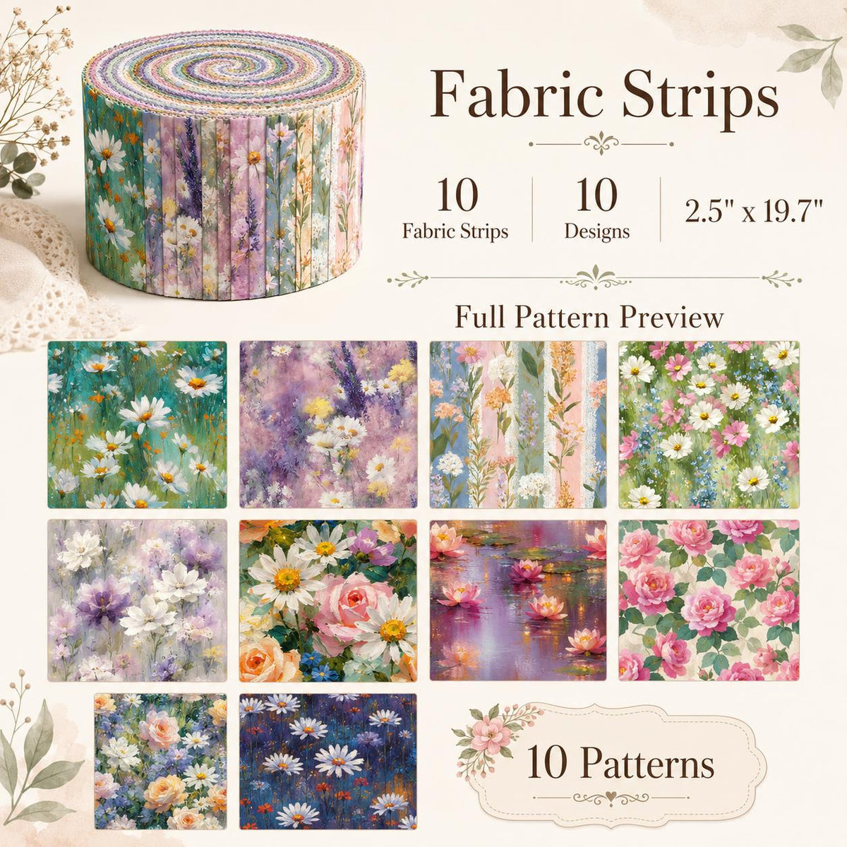 10pcs Vintage Floral Painting Pattern Jelly Roll Fabric Strips 2.5X19.7inch Pre-cut 100% Polyester for Patchwork Quilts, Table Runners, Placemats, Tote Bags, Storage Pouches, Makeup Bags, Coasters, Quilt Blocks & Binding Multi-color
