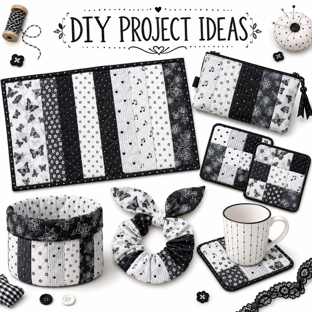 10Pc/Set, Making 10 Images 1pc Each, Each Size: 6.3*50cm Butterfly Floral Heart Black and White Series Sliced Fabric Set Style Combination, Polyester Jelly Roll Fabric Strips, Pre-Cut Quilting Squares, For Quilting DIY, Handicrafts And Sewing, Blankets