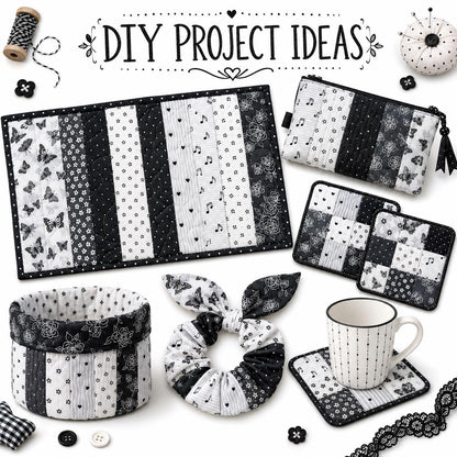 10Pc/Set, Making 10 Images 1pc Each, Each Size: 6.3*50cm Butterfly Floral Heart Black and White Series Sliced Fabric Set Style Combination, Polyester Jelly Roll Fabric Strips, Pre-Cut Quilting Squares, For Quilting DIY, Handicrafts And Sewing, Blankets