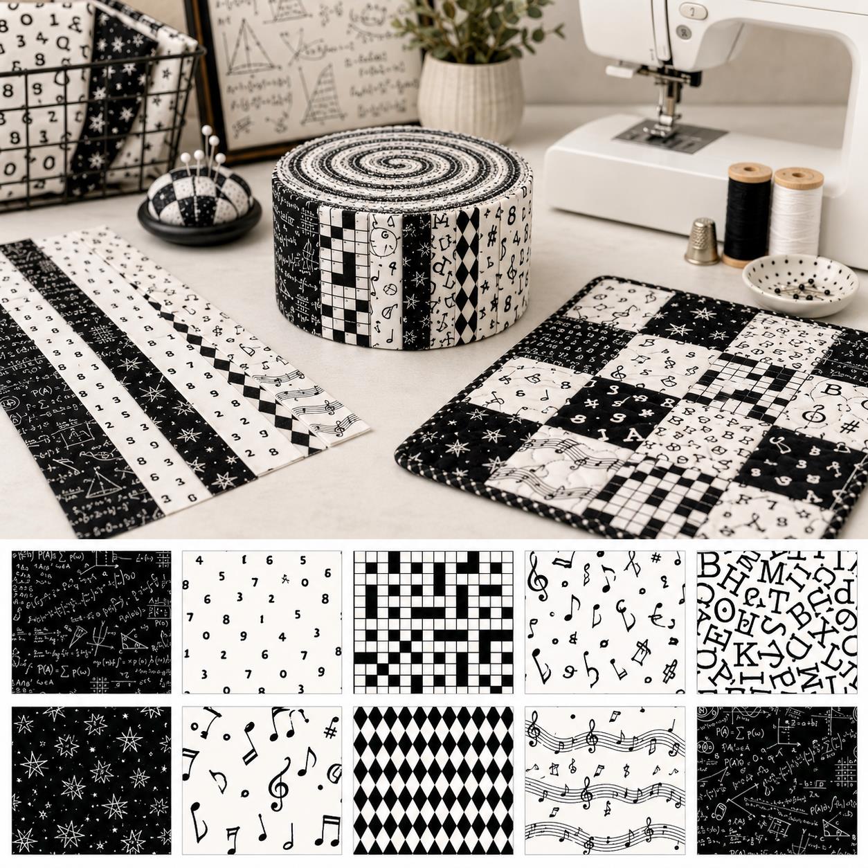10Pc/Set, Making 10 Images 1pc Each, Each Size: 6.3*50cm Back to School White and Black Series Sliced Fabric Set Style Combination, Polyester Jelly Roll Fabric Strips, Pre-Cut Quilting Squares, For Quilting DIY, Handicrafts And Sewing, Blankets, Rugs