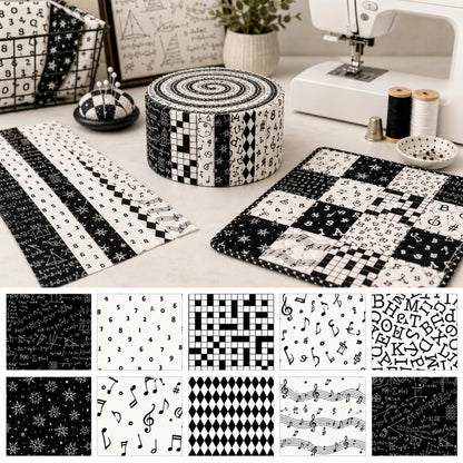 10Pc/Set, Making 10 Images 1pc Each, Each Size: 6.3*50cm Back to School White and Black Series Sliced Fabric Set Style Combination, Polyester Jelly Roll Fabric Strips, Pre-Cut Quilting Squares, For Quilting DIY, Handicrafts And Sewing, Blankets, Rugs