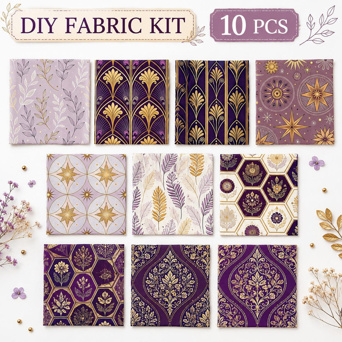 10Pc/Set Flower Purple Series Stripe Feather Fat Quarter Fabric, Pre-Cut Square Fabric Assort, Fabric Set, Craft Fabric, Handmade DIY Patchwork Fabric,Home Quilting Sewing Fabric, Packaging Fabric, Scrapbooking Craft Hobbyist