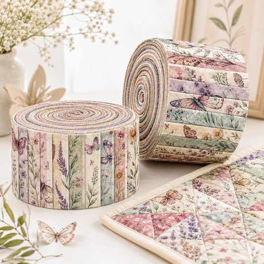 10pcs Vintage Floral Butterfly Pattern Jelly Roll Fabric Strips 2.5X19.7inch Pre-Cut 100% Polyester For Patchwork Quilts, Table Runners, Placemats, Tote Bags, Storage Pouches, Makeup Bags, Coasters, Quilt Blocks & Binding