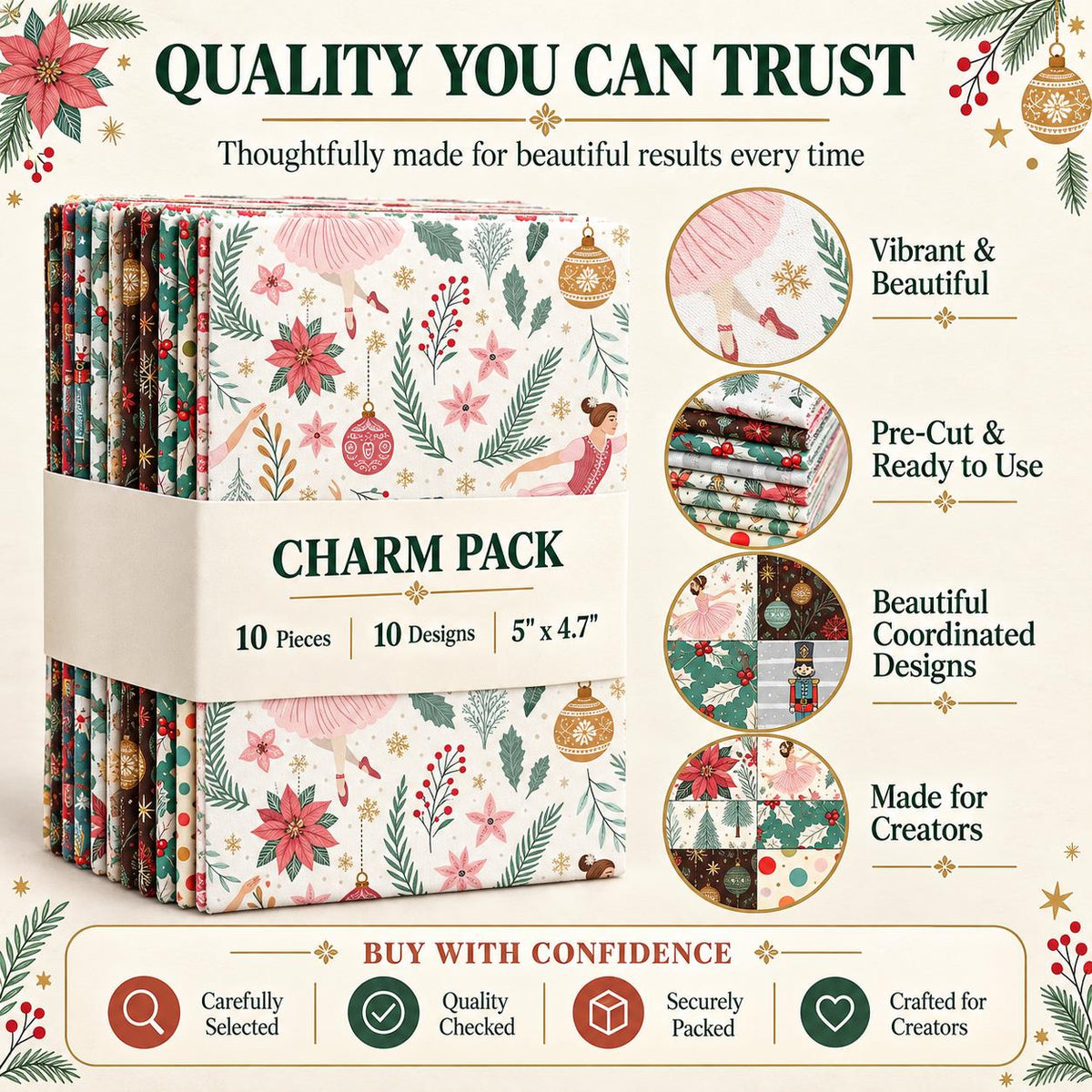 10Pc/Set Christmas Series Flower Ballet Tree Holly Fat Quarter Fabric, Pre-Cut Square Fabric Assort, Fabric Set, Craft Fabric, Handmade DIY Patchwork Fabric,Home Quilting Sewing Fabric, Packaging Fabric, Scrapbooking Craft Hobbyist