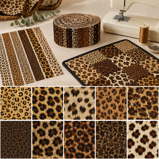 10pcs/Set, Making 10 Images 1pc Each, Each Size: 2.48*19.69inch Plain Leopard Pattern Sliced Fabric Set Style Combination, Polyester Jelly Roll Fabric Strips, Pre-Cut Quilting Squares, for Quilting DIY, Handicrafts And Sewing, Blankets, Rugs