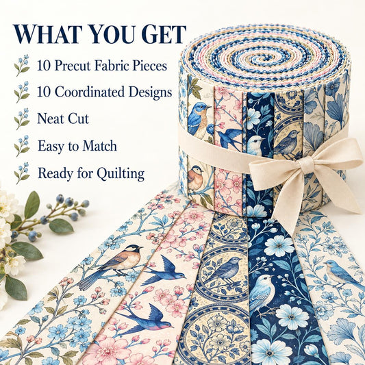 10pcs Vintage Floral Bird Theme Jelly Roll Fabric Strips 2.5X19.7inch Pre-Cut 100% Polyester For Patchwork Quilts, Table Runners, Placemats, Tote Bags, Storage Pouches, Makeup Bags, Coasters, Quilt Blocks & Binding